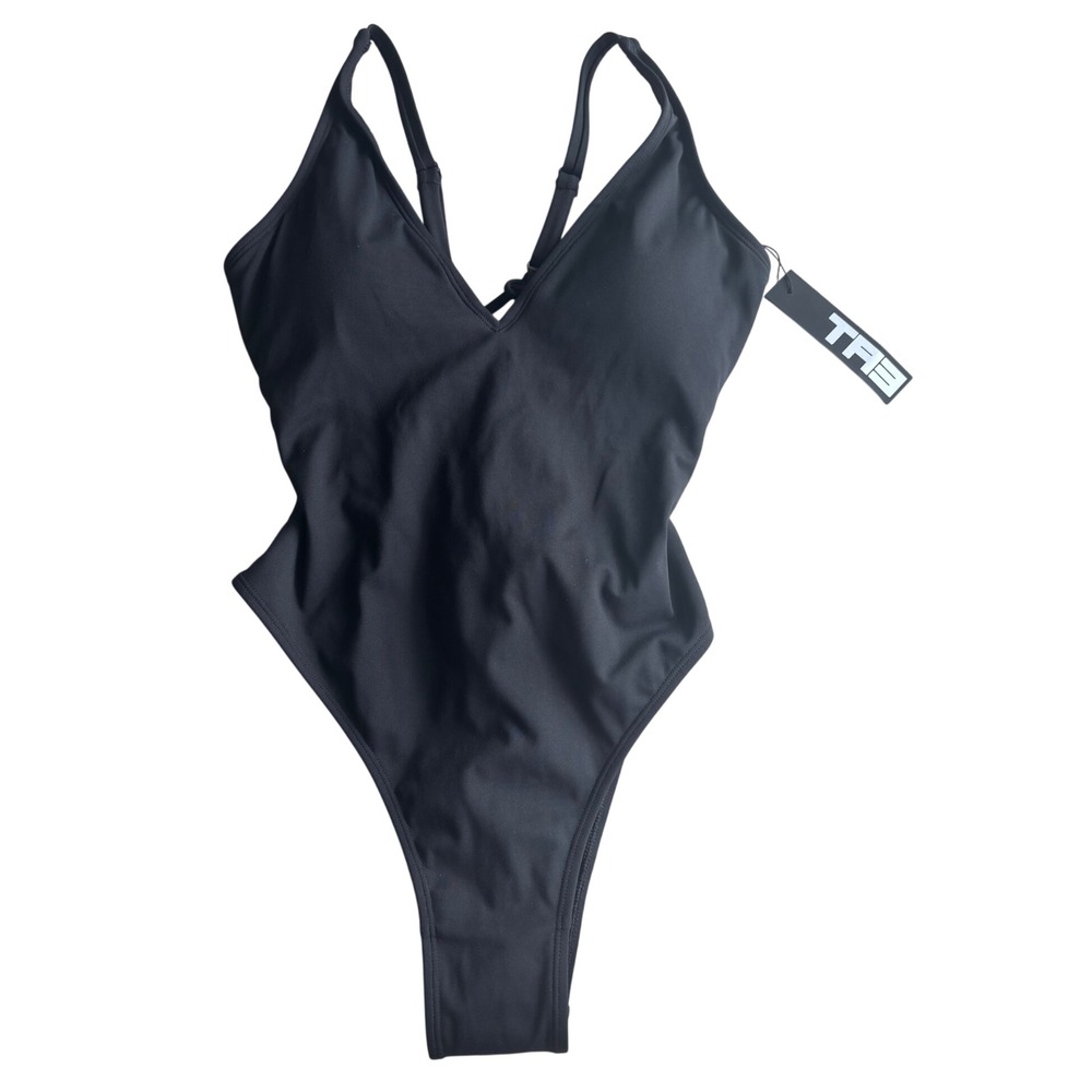 TA3 Hi Cut Plungey One Piece Swimsuit Black Sculpting Lace Up Slimming Short M